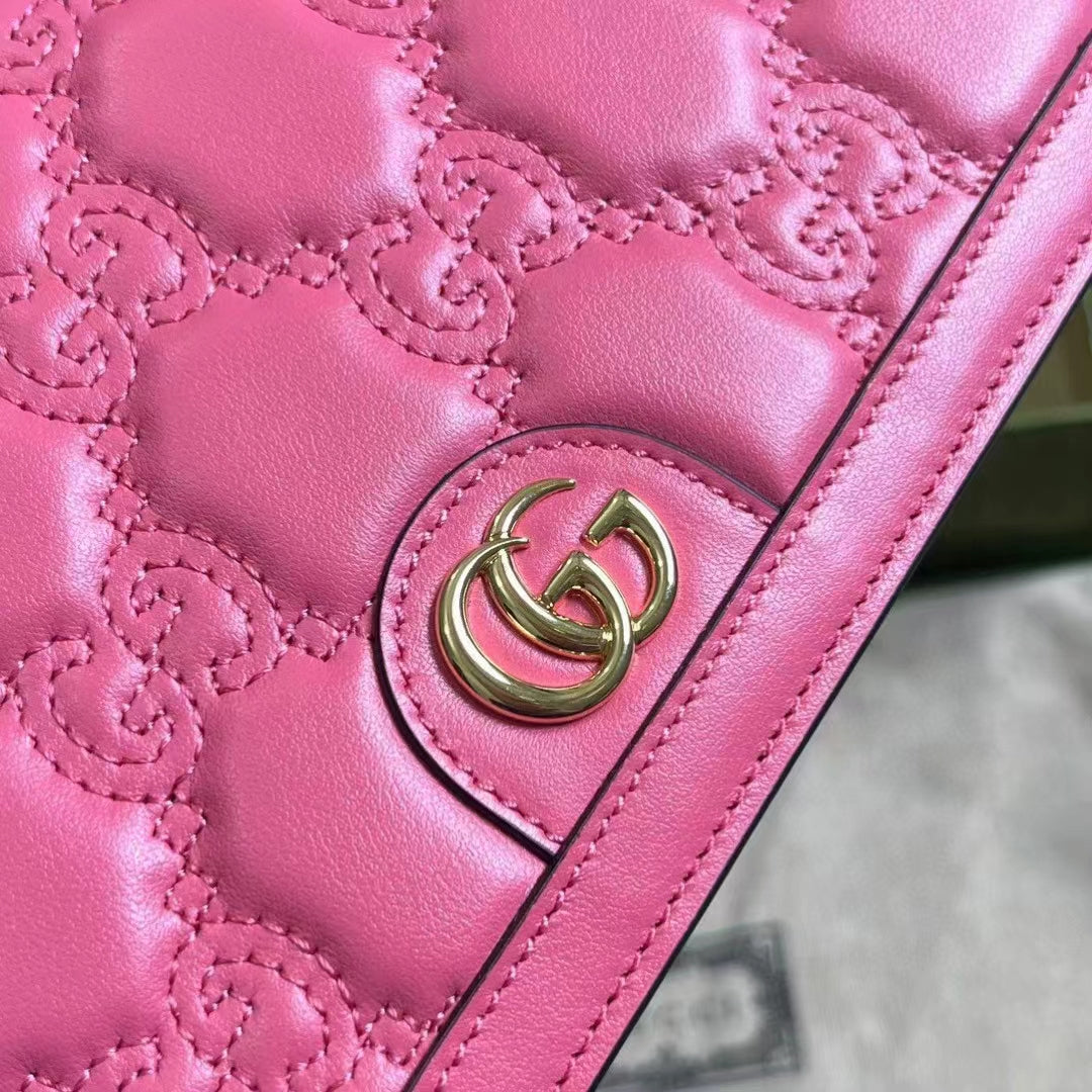 Gucci Women GG Matelassé Chain Wallet Pink Leather Double G Chain Strap