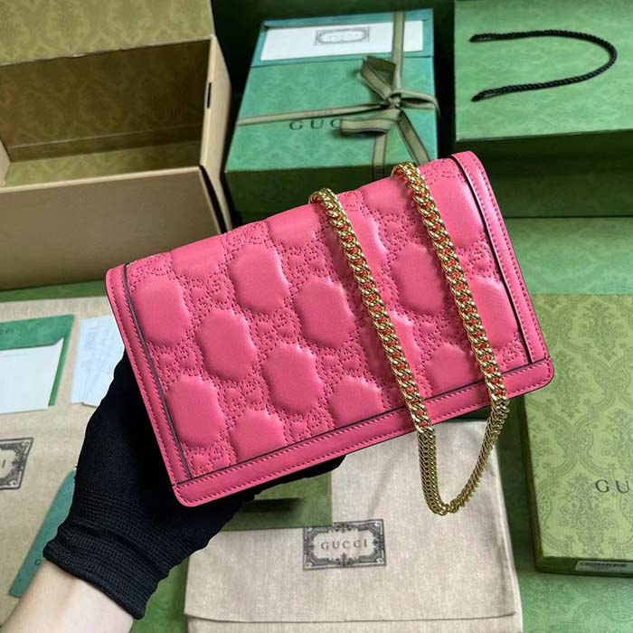 Gucci Women GG Matelassé Chain Wallet Pink Leather Double G Chain Strap