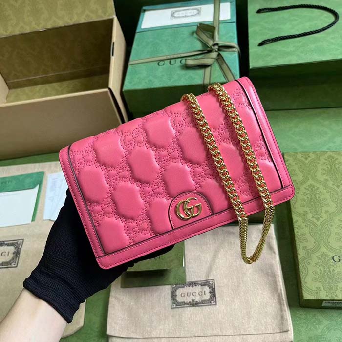 Gucci Women GG Matelassé Chain Wallet Pink Leather Double G Chain Strap