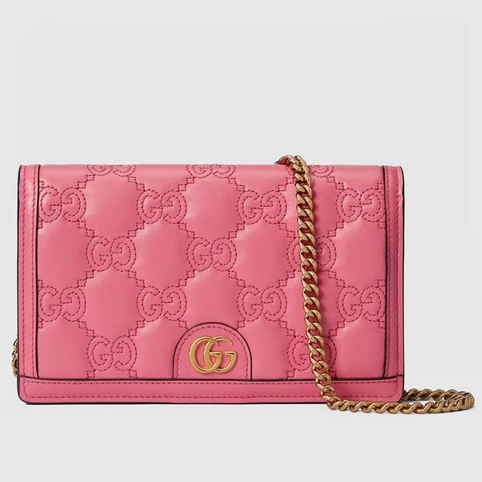 Gucci Women GG Matelassé Chain Wallet Pink Leather Double G Chain Strap