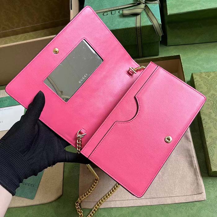 Gucci Women GG Matelassé Chain Wallet Pink Leather Double G Chain Strap