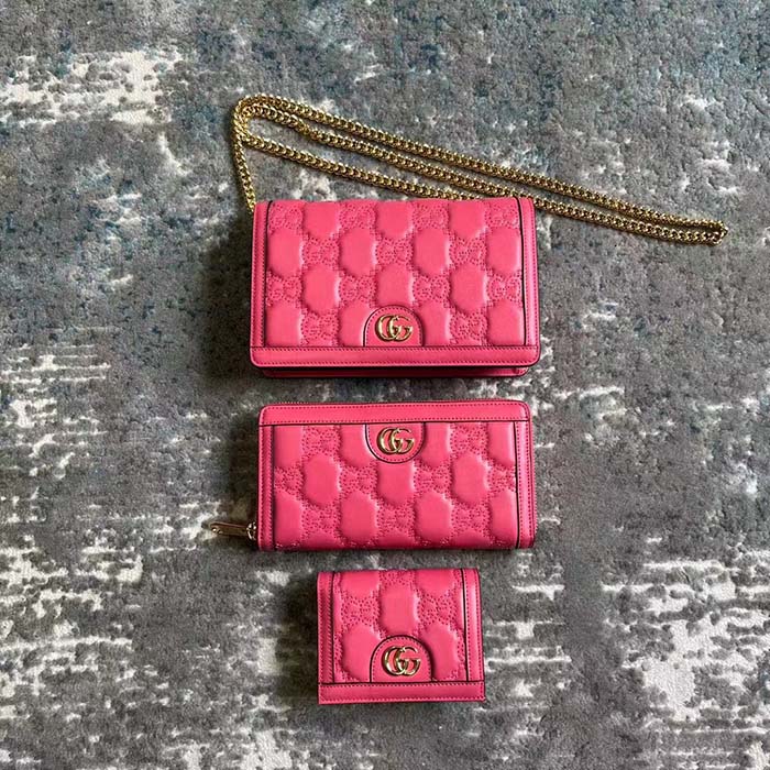 Gucci Women GG Matelassé Chain Wallet Pink Leather Double G Chain Strap