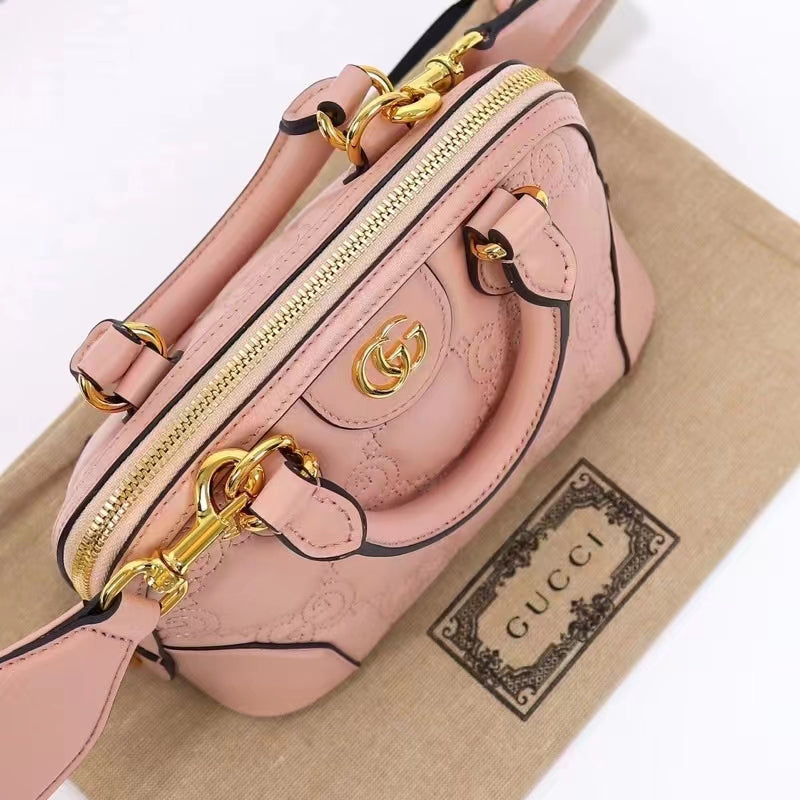 Gucci Women GG Matelassé Handbag Pink GG Leather Double G Zip Closure