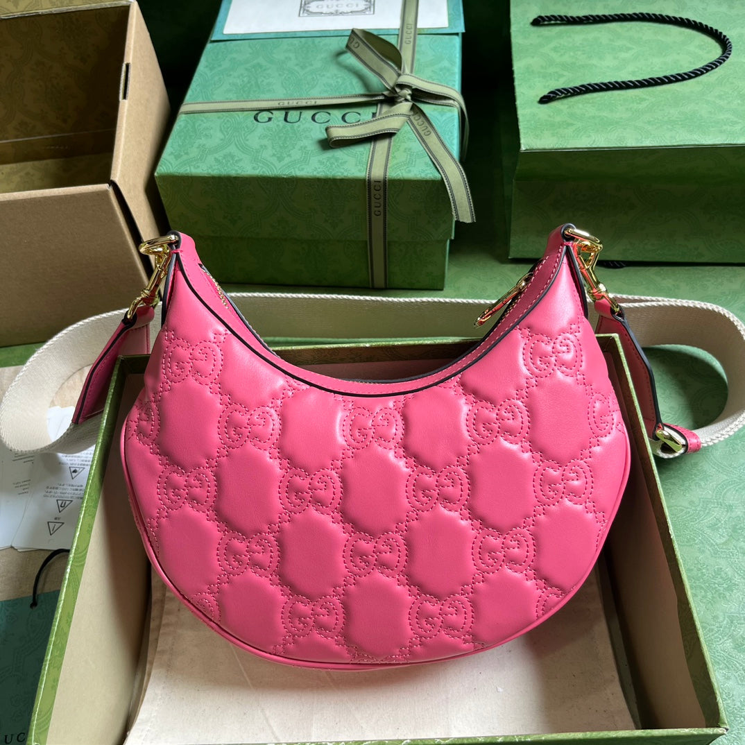 Gucci Women GG Matelassé Small Shoulder Bag Pink Double G Zip Closure