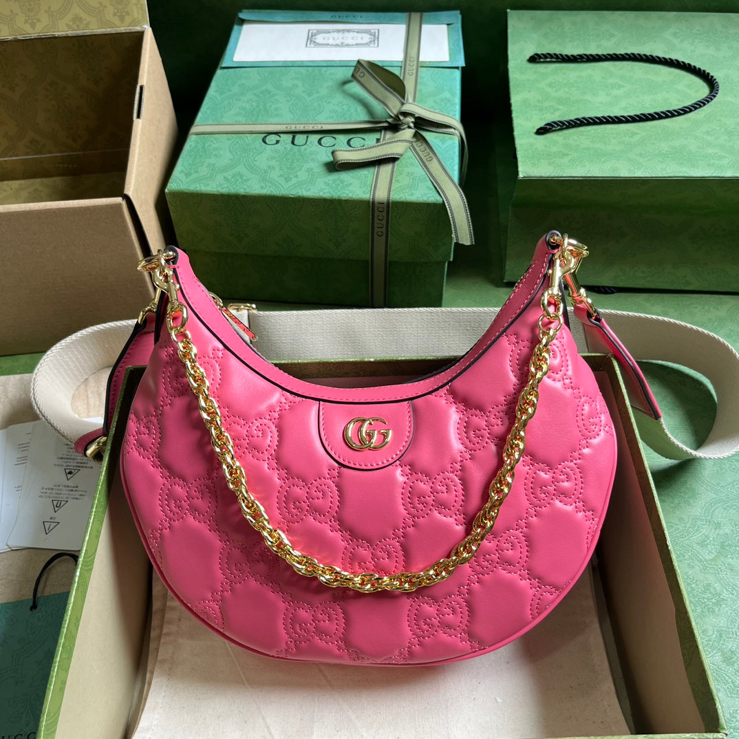 Gucci Women GG Matelassé Small Shoulder Bag Pink Double G Zip Closure