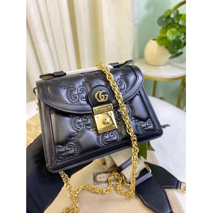 Gucci Women GG Matelassé Small Top Handle Bag Black Leather Double G