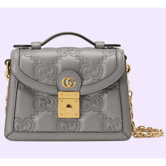 Gucci Women GG Matelassé Small Top Handle Bag Dusty Grey Leather Double G