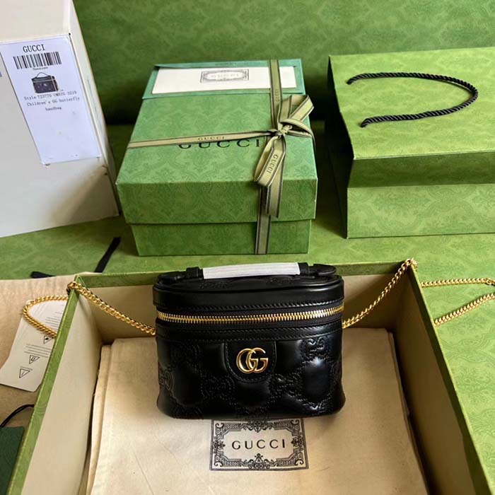 Gucci Women GG Matelassé Top Handle Mini Bag Black Leather Double G