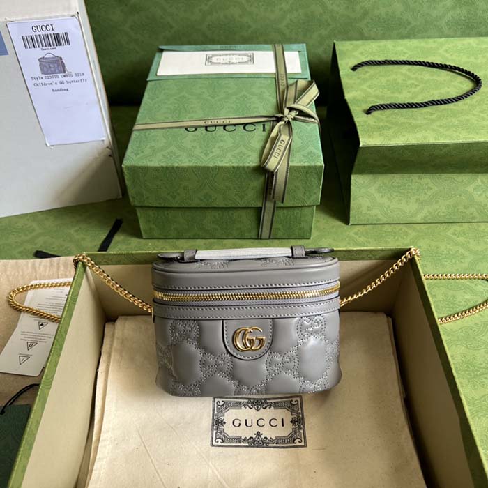 Gucci Women GG Matelassé Top Handle Mini Bag Grey Leather Double G