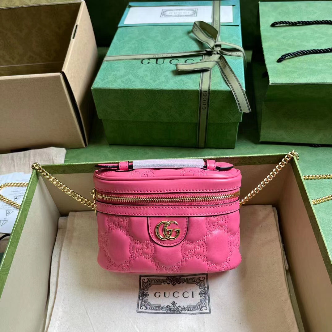 Gucci Women GG Matelassé Top Handle Mini Bag Pink Leather Double G