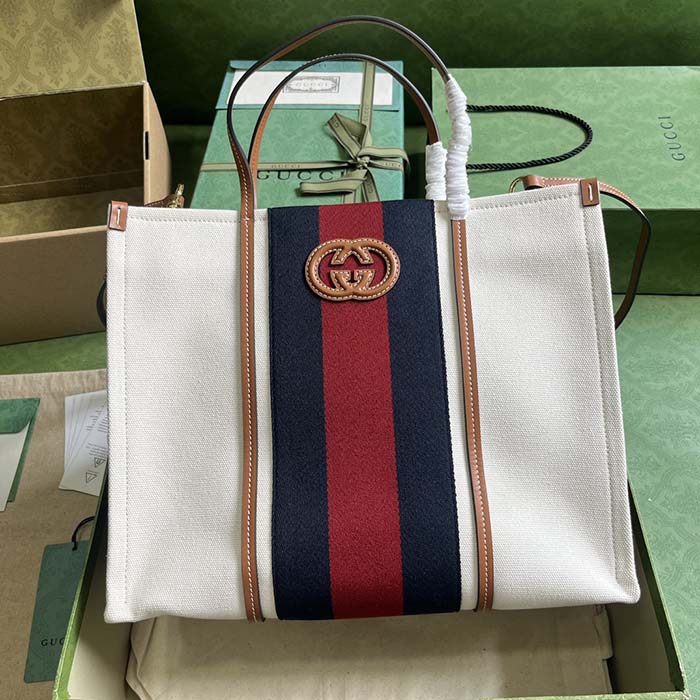 Gucci Women GG Medium Interlocking G Tote Bag White Cotton Canvas