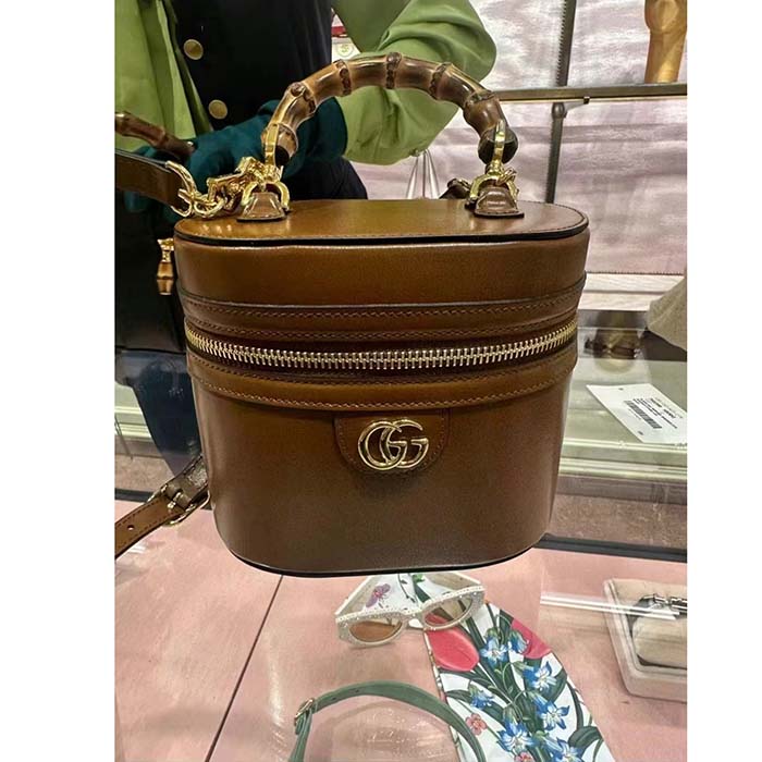 Gucci Women GG Mini Bamboo Shoulder Bag Brown Leather Bamboo Handle Double G