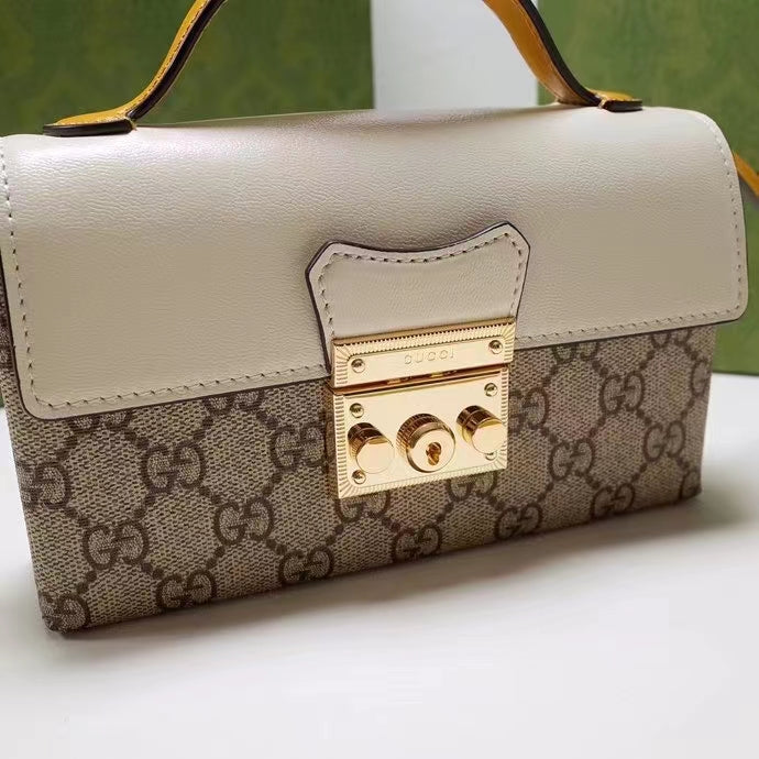 Gucci Women GG Padlock Mini Bag Beige Ebony GG Supreme Canvas Lock Closure