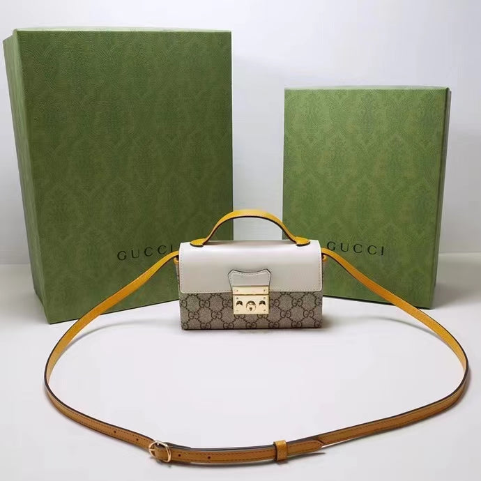 Gucci Women GG Padlock Mini Bag Beige Ebony GG Supreme Canvas Lock Closure