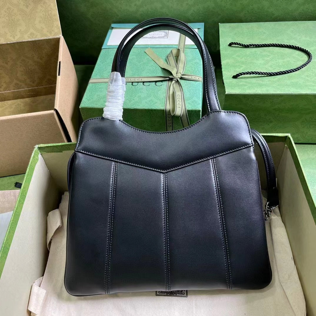 Gucci Women GG Petite GG Small Tote Bag Black Leather Double G