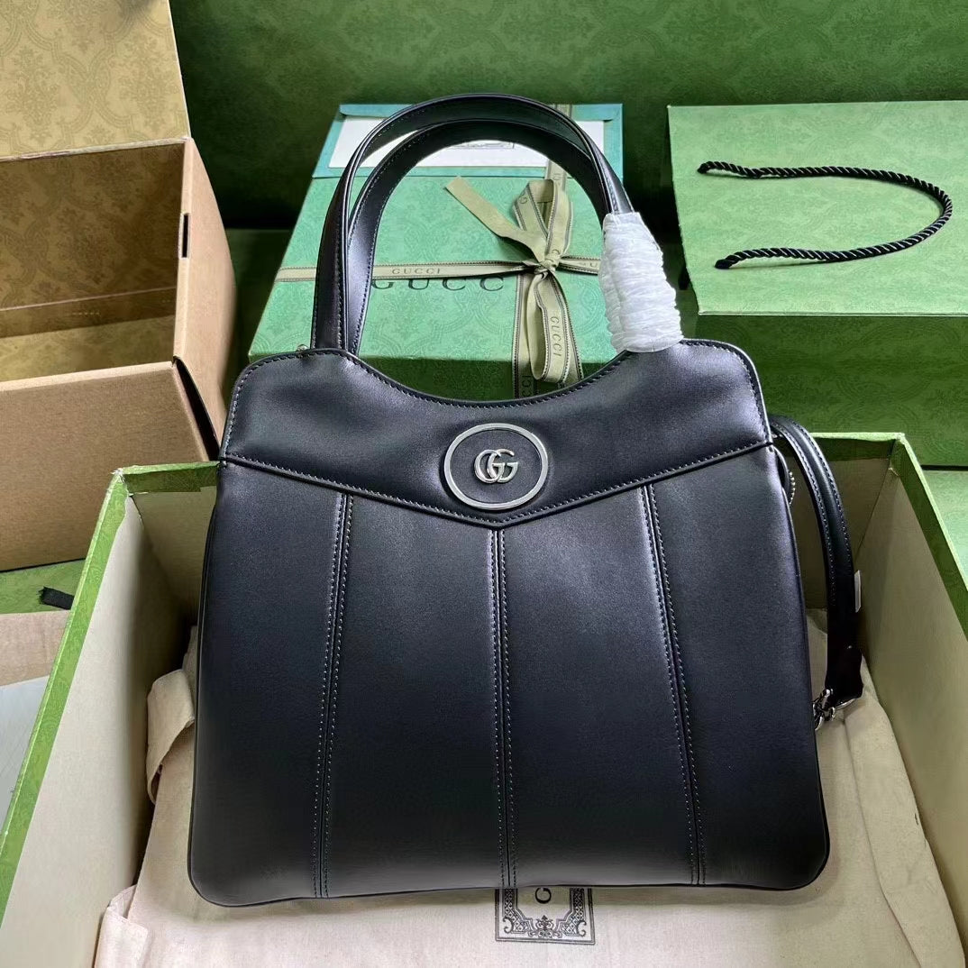 Gucci Women GG Petite GG Small Tote Bag Black Leather Double G