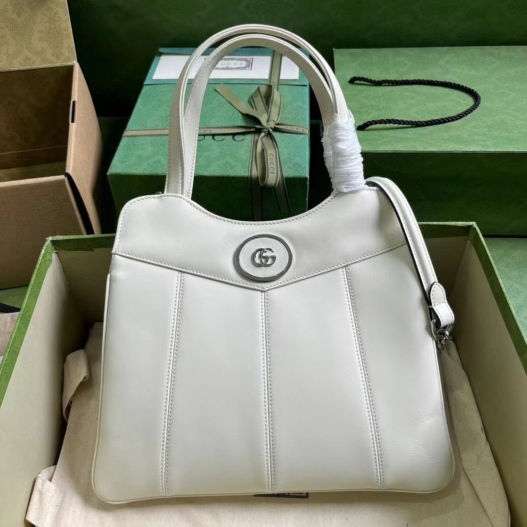 Gucci Women GG Petite GG Small Tote Bag White Leather Double G