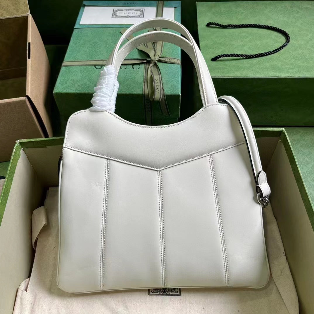 Gucci Women GG Petite GG Small Tote Bag White Leather Double G