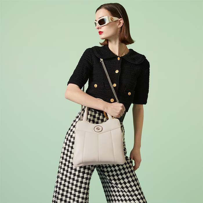 Gucci Women GG Petite GG Small Tote Bag White Leather Double G