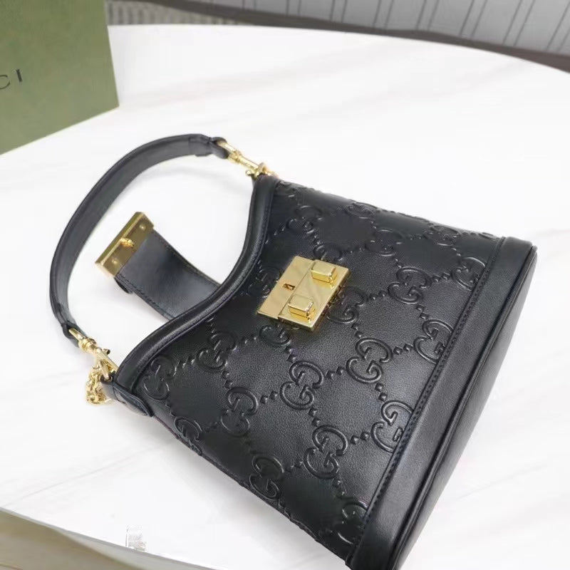 Gucci Women GG Small GG Shoulder Bag Black Debossed Leather Double G