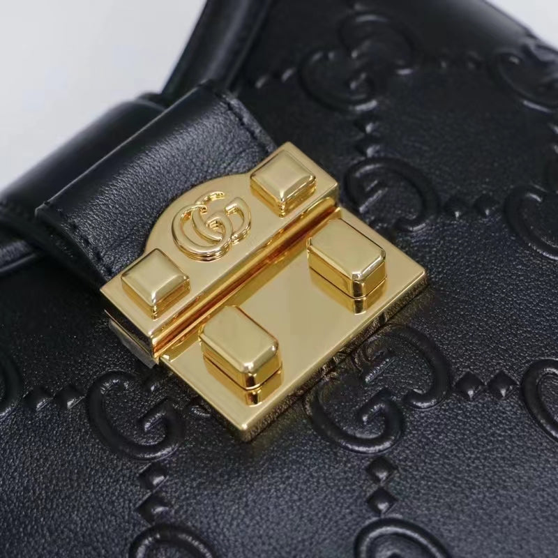 Gucci Women GG Small GG Shoulder Bag Black Debossed Leather Double G