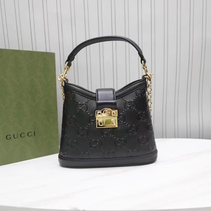 Gucci Women GG Small GG Shoulder Bag Black Debossed Leather Double G