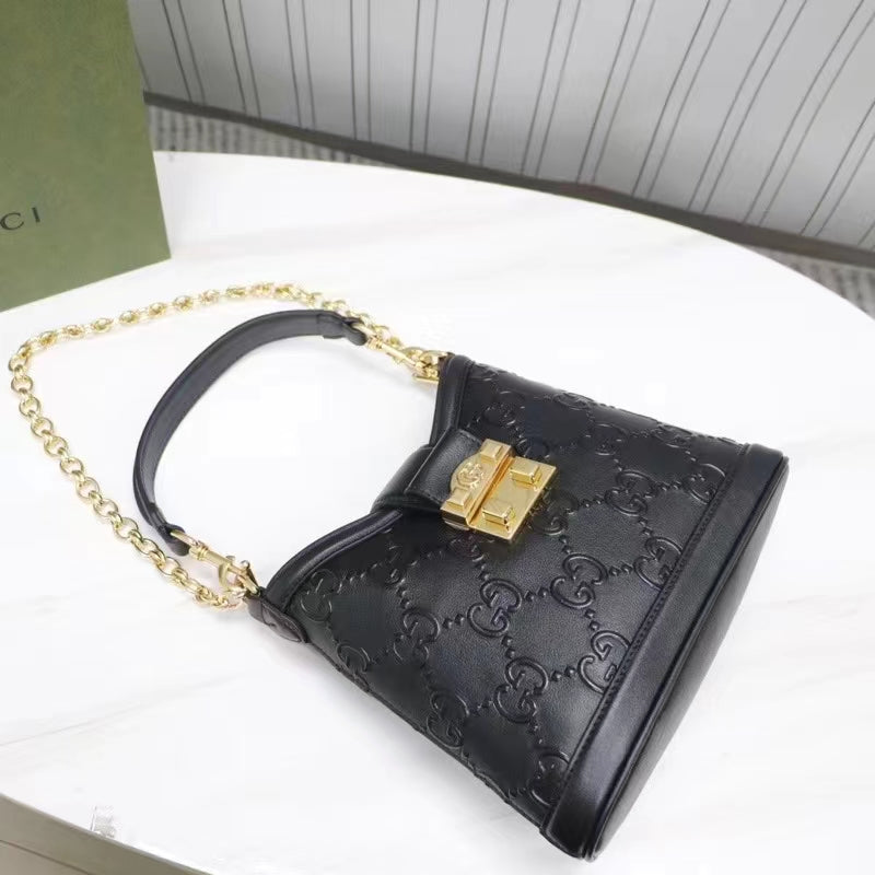 Gucci Women GG Small GG Shoulder Bag Black Debossed Leather Double G