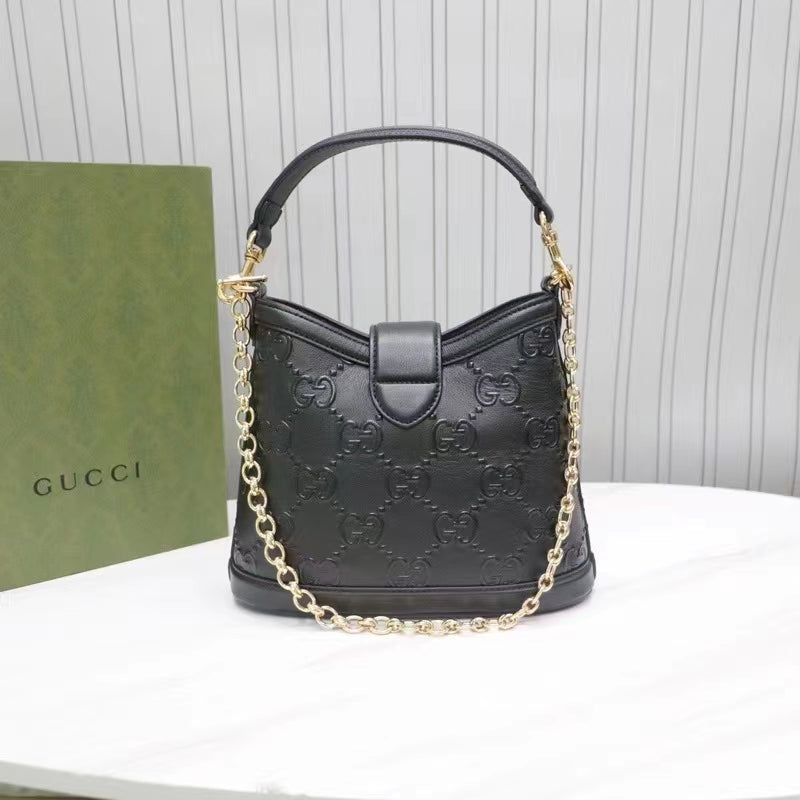 Gucci Women GG Small GG Shoulder Bag Black Debossed Leather Double G