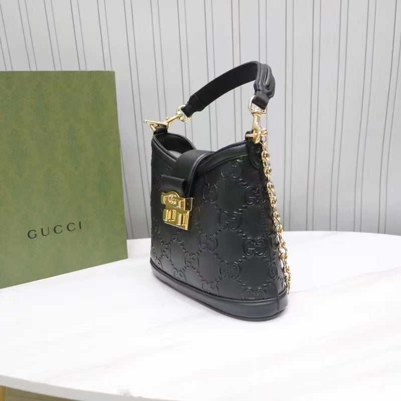 Gucci Women GG Small GG Shoulder Bag Black Debossed Leather Double G