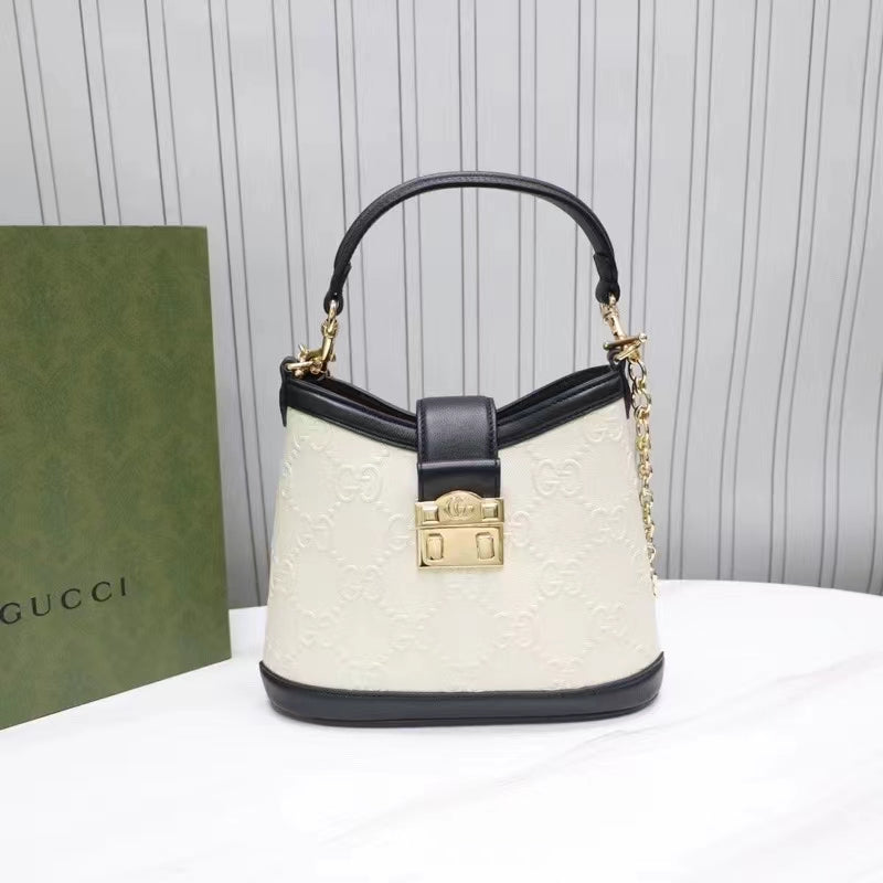 Gucci Women GG Small GG Shoulder Bag White Debossed Leather Double G