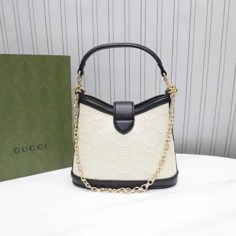 Gucci Women GG Small GG Shoulder Bag White Debossed Leather Double G