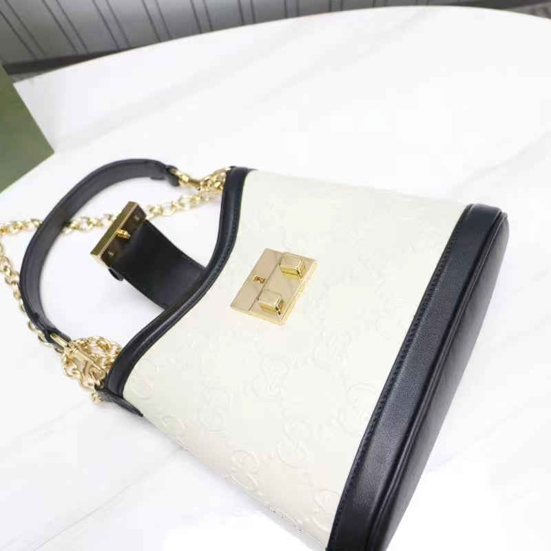 Gucci Women GG Small GG Shoulder Bag White Debossed Leather Double G