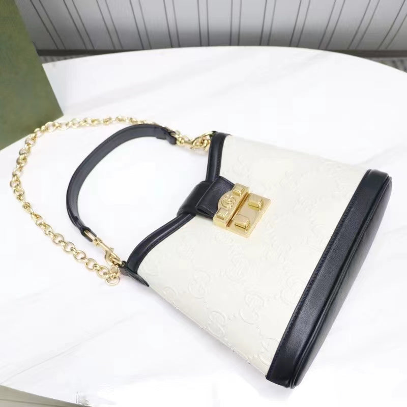 Gucci Women GG Small GG Shoulder Bag White Debossed Leather Double G