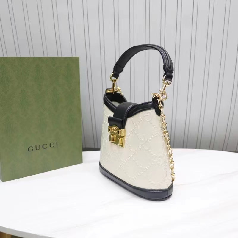 Gucci Women GG Small GG Shoulder Bag White Debossed Leather Double G