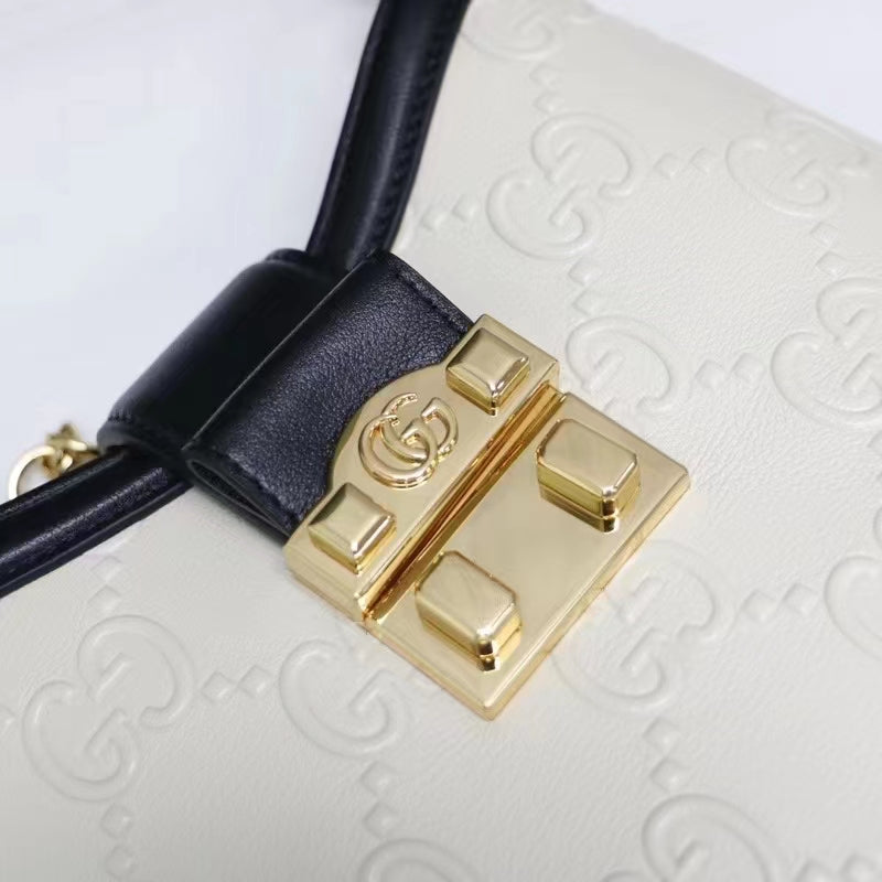 Gucci Women GG Small GG Shoulder Bag White Debossed Leather Double G