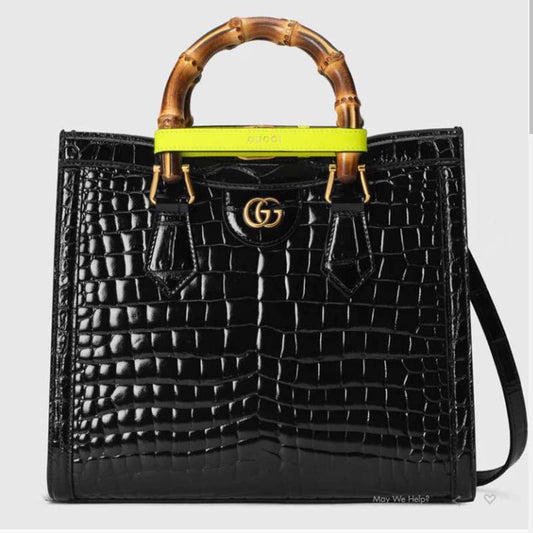 Gucci Women Gucci Diana Small Crocodile Tote Bag Double G Black Crocodile