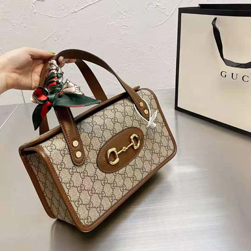 Gucci Women Gucci Horsebit 1955 Mini Top Handle Bag Beige Ebony GG Supreme Canvas