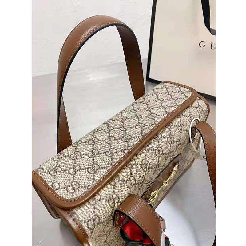 Gucci Women Gucci Horsebit 1955 Mini Top Handle Bag Beige Ebony GG Supreme Canvas