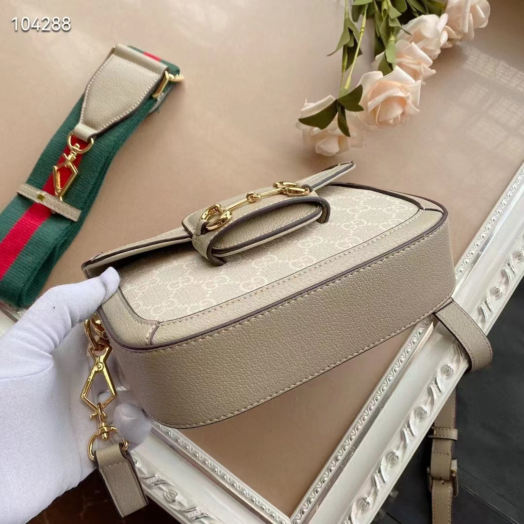 Gucci Women Gucci Horsebit 1955 Small Bag Beige White GG Supreme Canvas