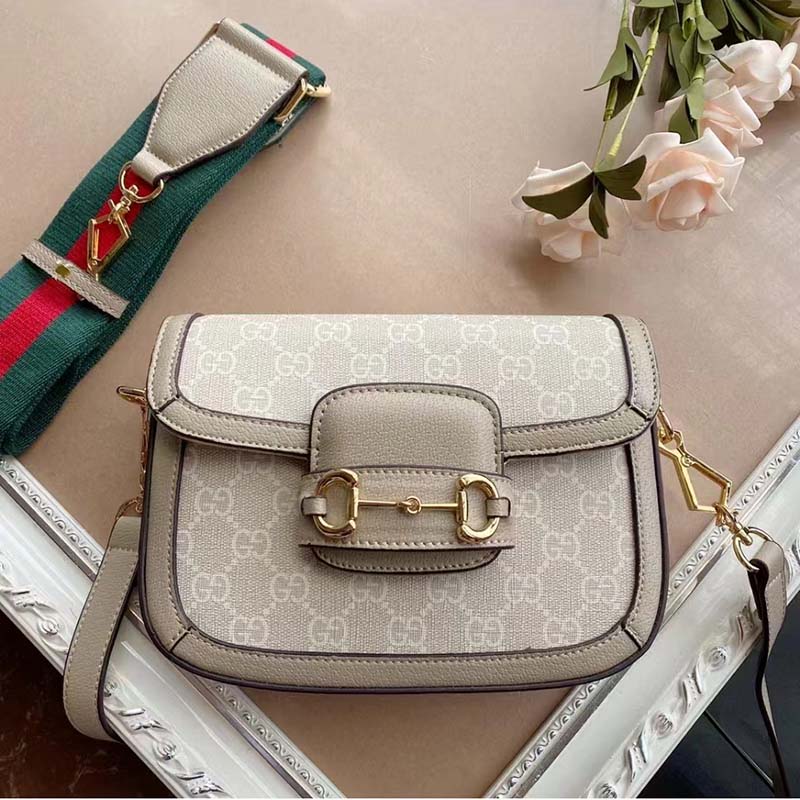 Gucci Women Gucci Horsebit 1955 Small Bag Beige White GG Supreme Canvas