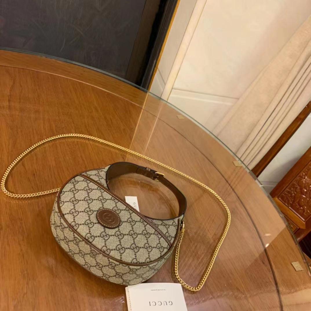 Gucci Women Half-Moon-Shaped Mini Bag Interlocking G Beige Ebony GG Supreme Canvas