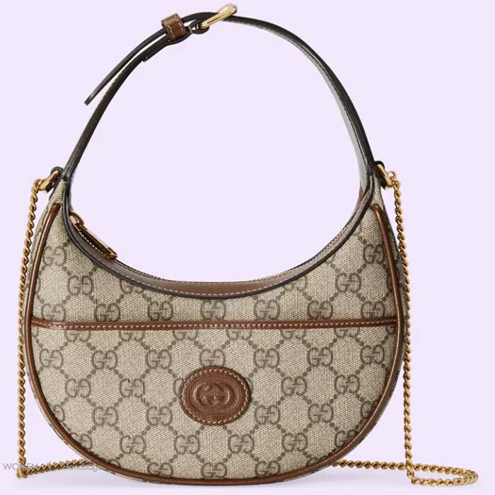 Gucci Women Half-Moon-Shaped Mini Bag Interlocking G Beige Ebony GG Supreme Canvas