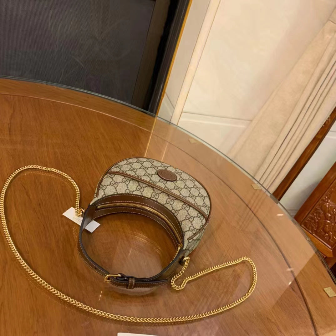 Gucci Women Half-Moon-Shaped Mini Bag Interlocking G Beige Ebony GG Supreme Canvas