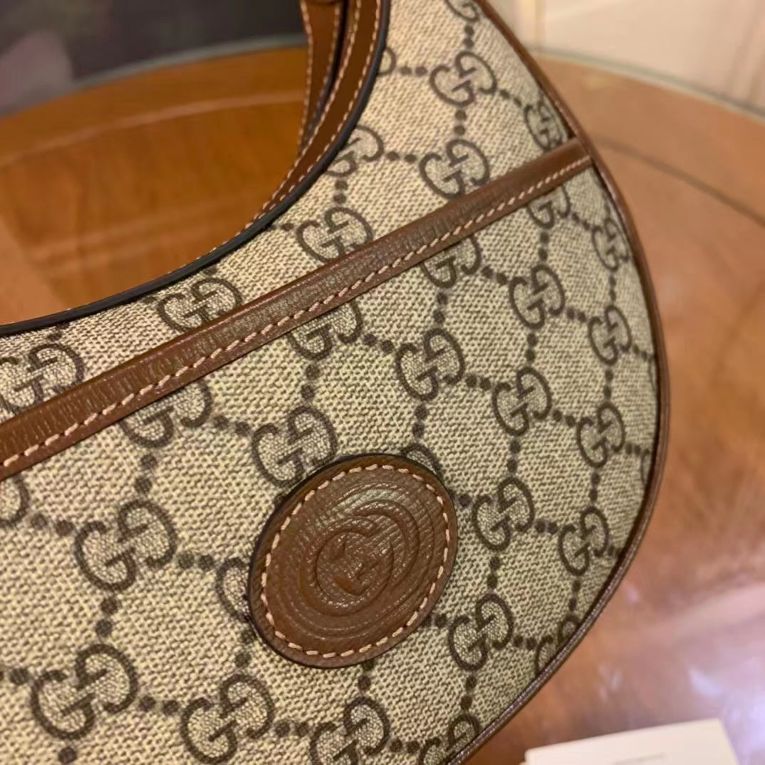 Gucci Women Half-Moon-Shaped Mini Bag Interlocking G Beige Ebony GG Supreme Canvas