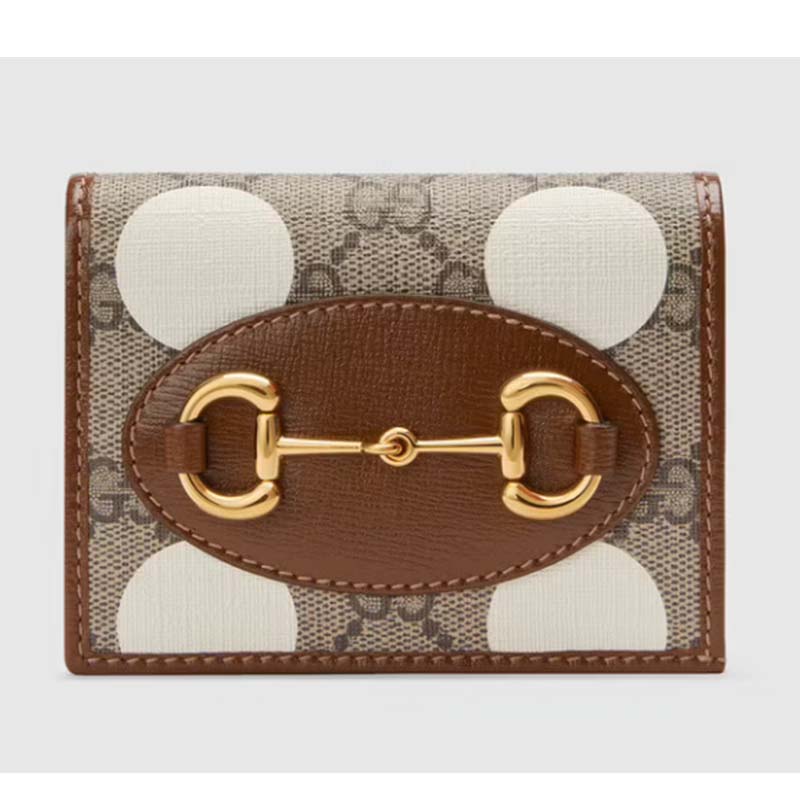 Gucci Women Horsebit 1955 Card Case Wallet Beige Ebony GG Supreme Canvas