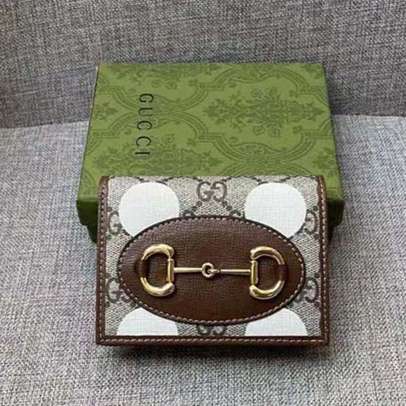 Gucci Women Horsebit 1955 Card Case Wallet Beige Ebony GG Supreme Canvas