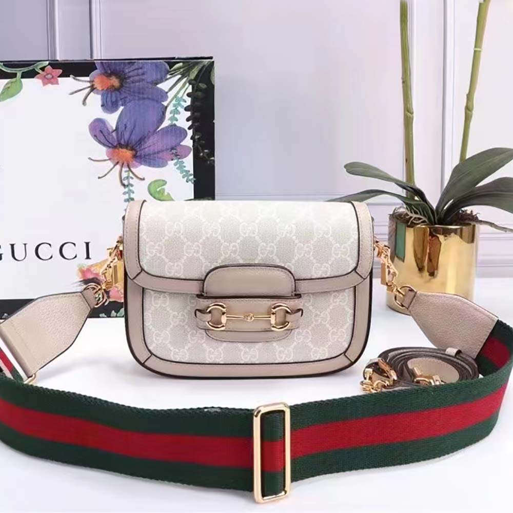 Gucci Women Horsebit 1955 GG Mini Bag Beige White GG Supreme Canvas