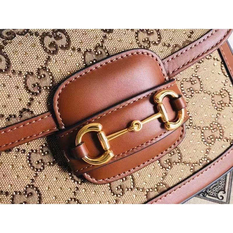 Gucci Women Horsebit 1955 GG Mini Bag Camel Ebony GG Canvas Crystals