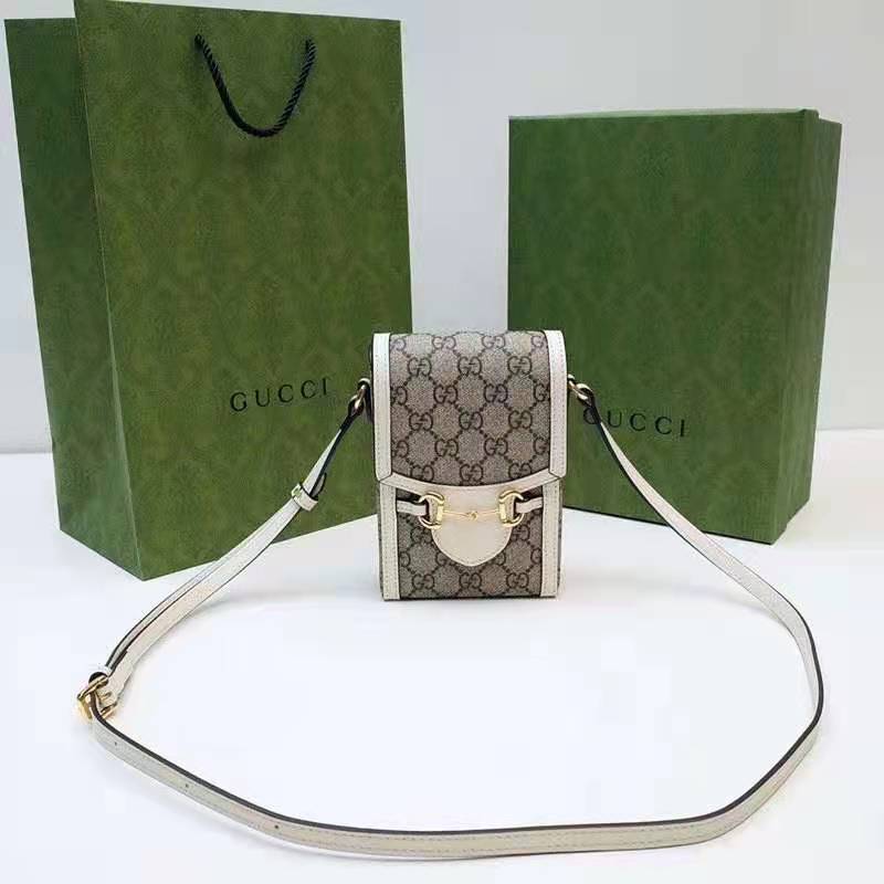 Gucci Women Horsebit 1955 Mini Bag Beige Ebony GG Supreme Canvas