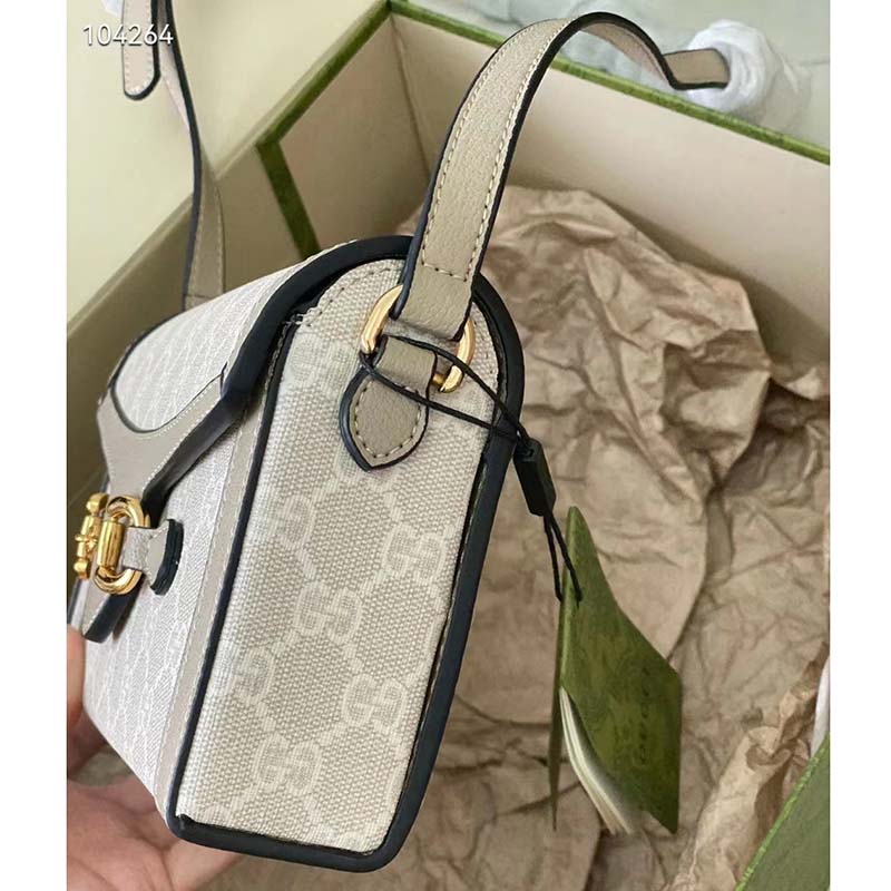 Gucci Women Horsebit 1955 Mini Bag Beige White GG Supreme Canvas